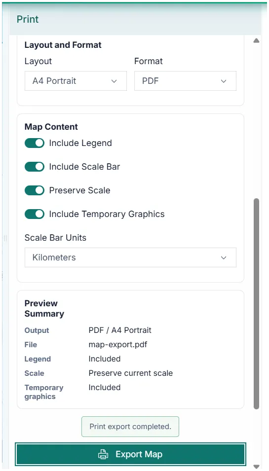 Print map panel in the GIS application.